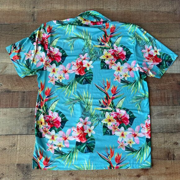 Bad Birdie Mens XL Hawaiian Tropical Floral Polo Shirt Short Sleeve in Blue - Picture 6 of 6